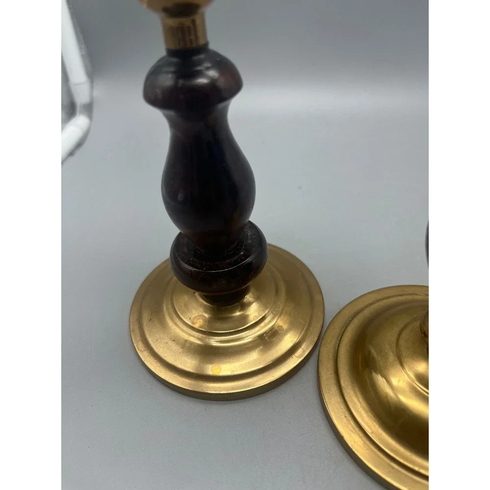 Vtg‎ Brass & Wood set 3 Candlestick holders dark wood Traditional Classic style